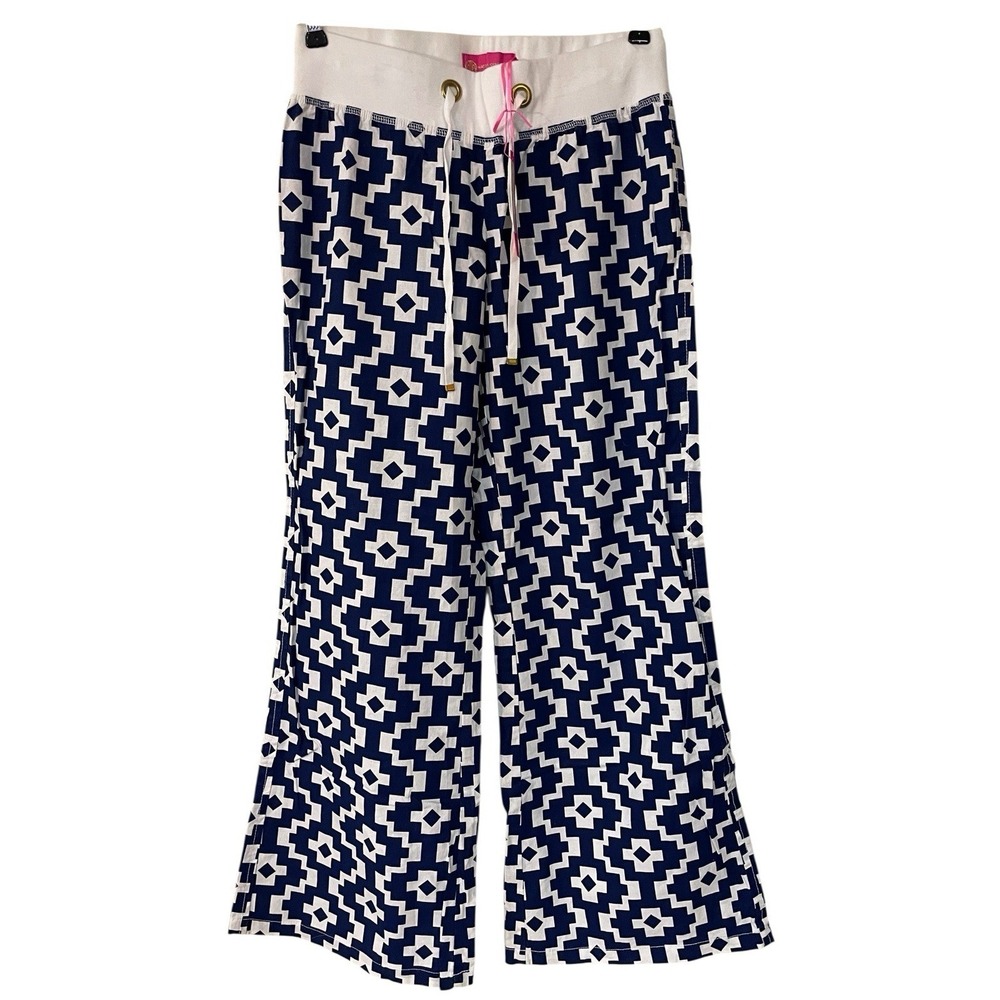Macbeth Collection Blue White Linen Pull On Wide Leg Palazzo Beach Pant Boho Sโ